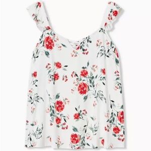 Torrid Super Soft V-Neck Lace-Up Floral White Ruffle Tank